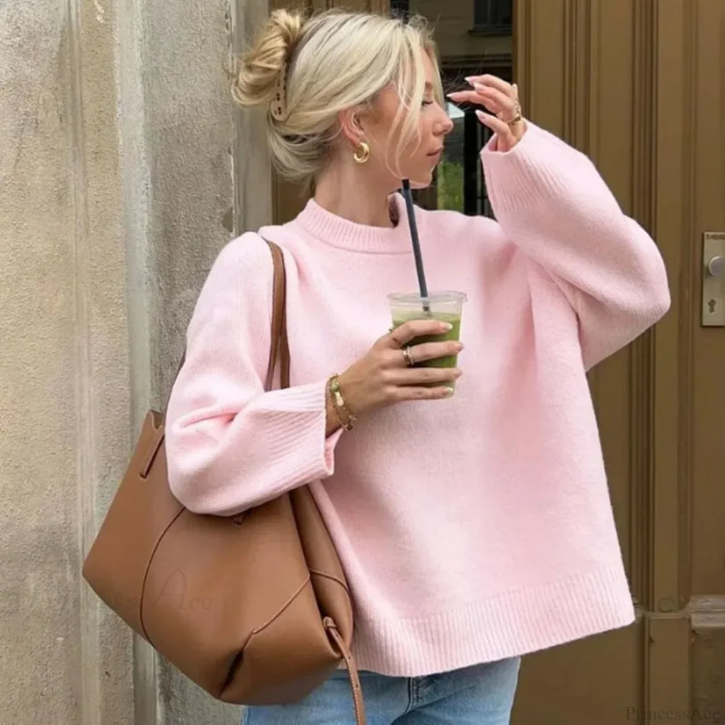 Pink O-neck Loose Casual Pullover Sweater image 1