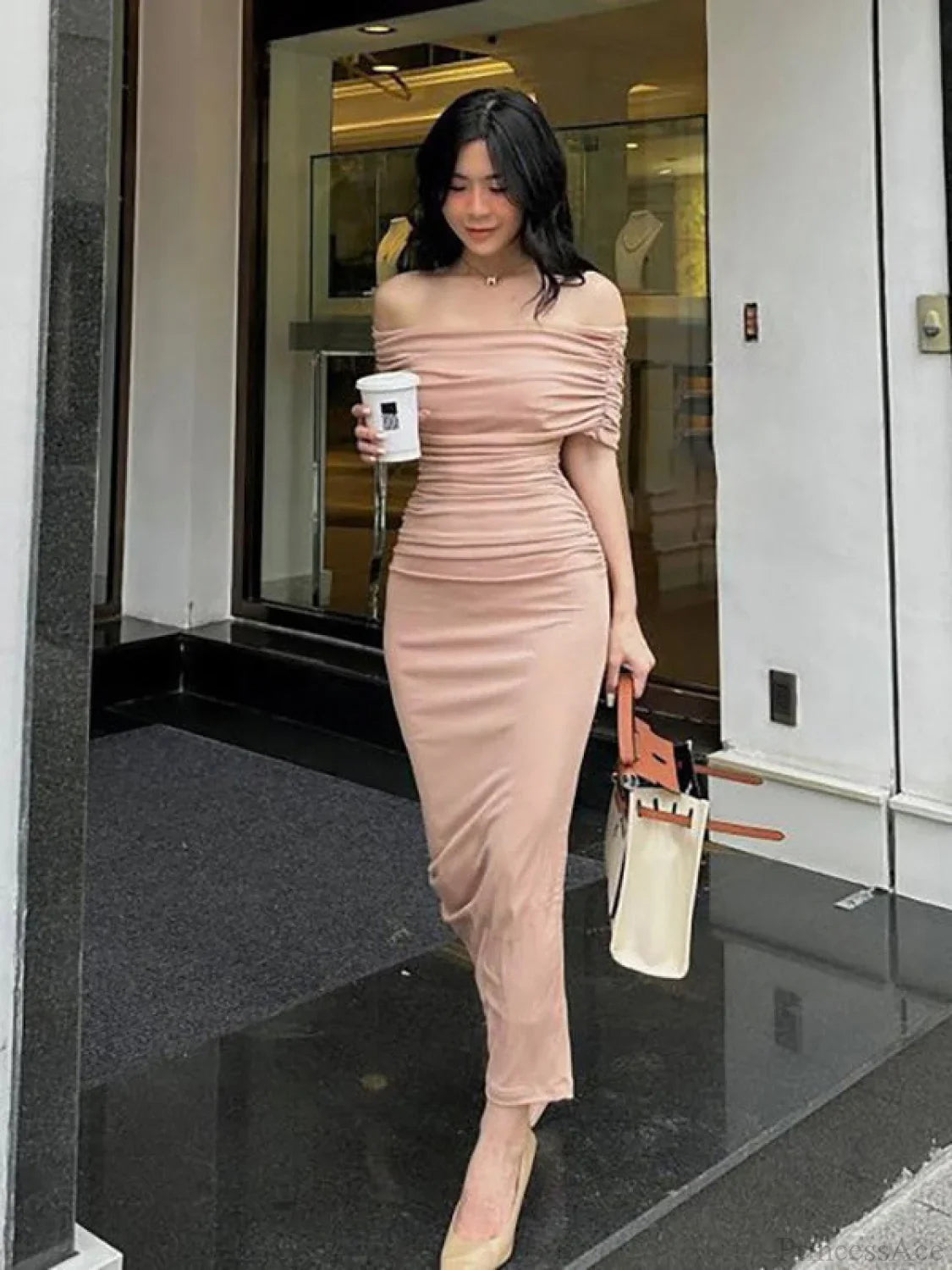 Pink Off Shoulder Bodycon Midi Dress image 2