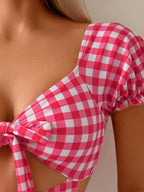 Pink Plaid Tie Front One Piece Swimsuit image 3