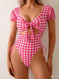 Pink Plaid Tie Front One Piece Swimsuit image 1