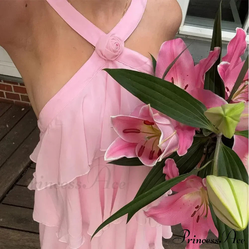Pink Pleated Stylish Halter Maxi Dress image 9