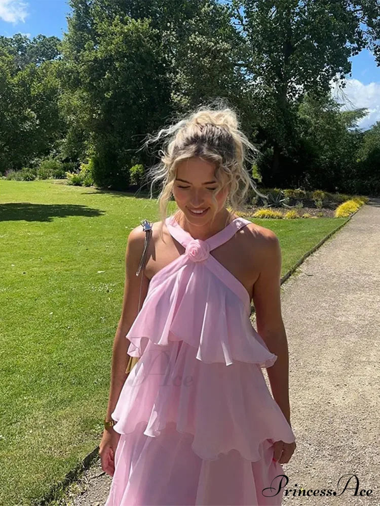 Pink Pleated Stylish Halter Maxi Dress image 3