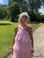 Pink Pleated Stylish Halter Maxi Dress image 3