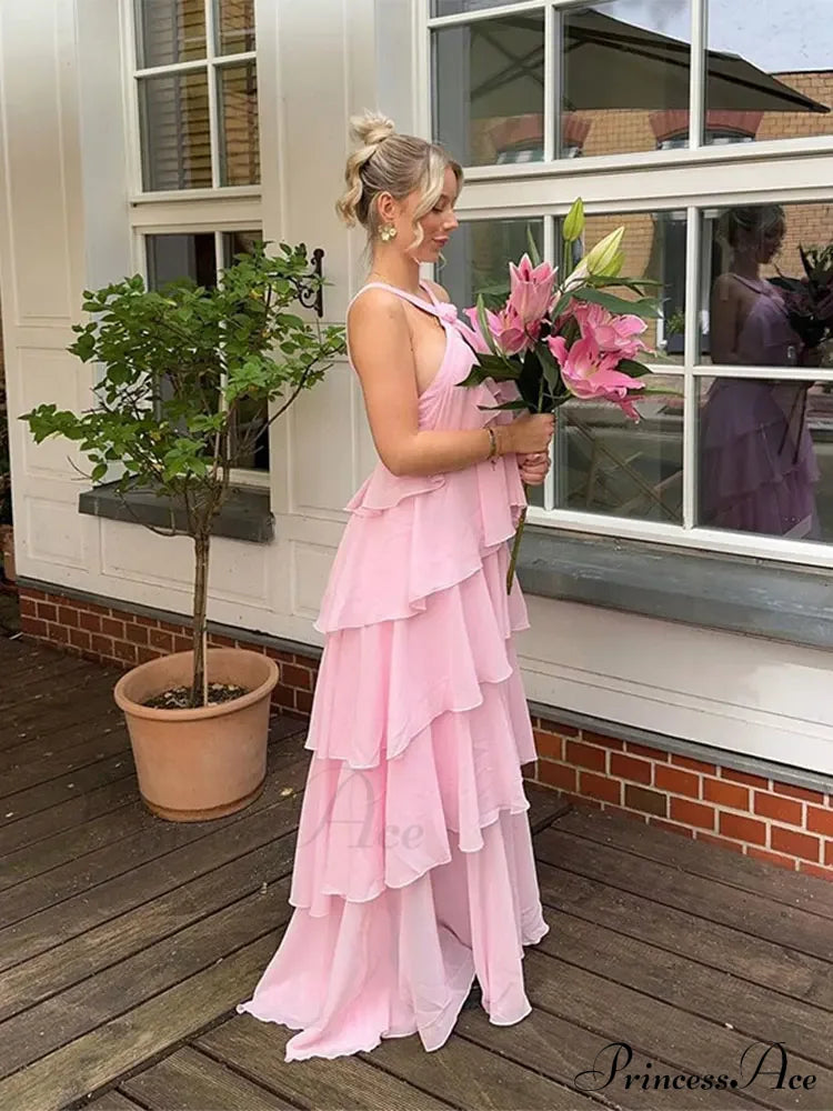 Pink Pleated Stylish Halter Maxi Dress image 1