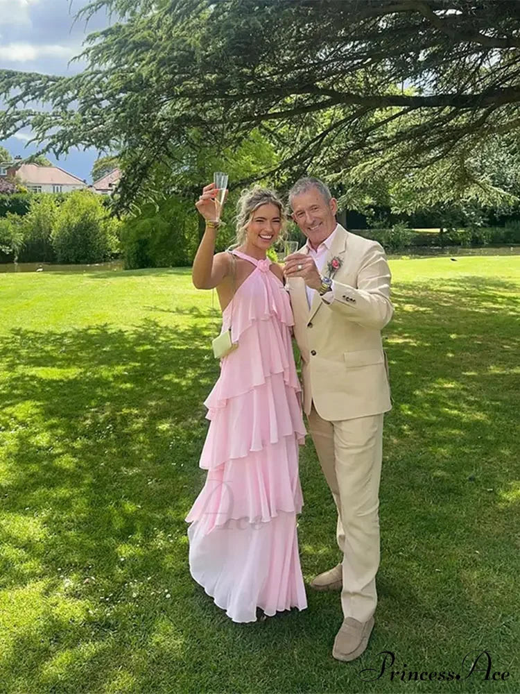 Pink Pleated Stylish Halter Maxi Dress image 6