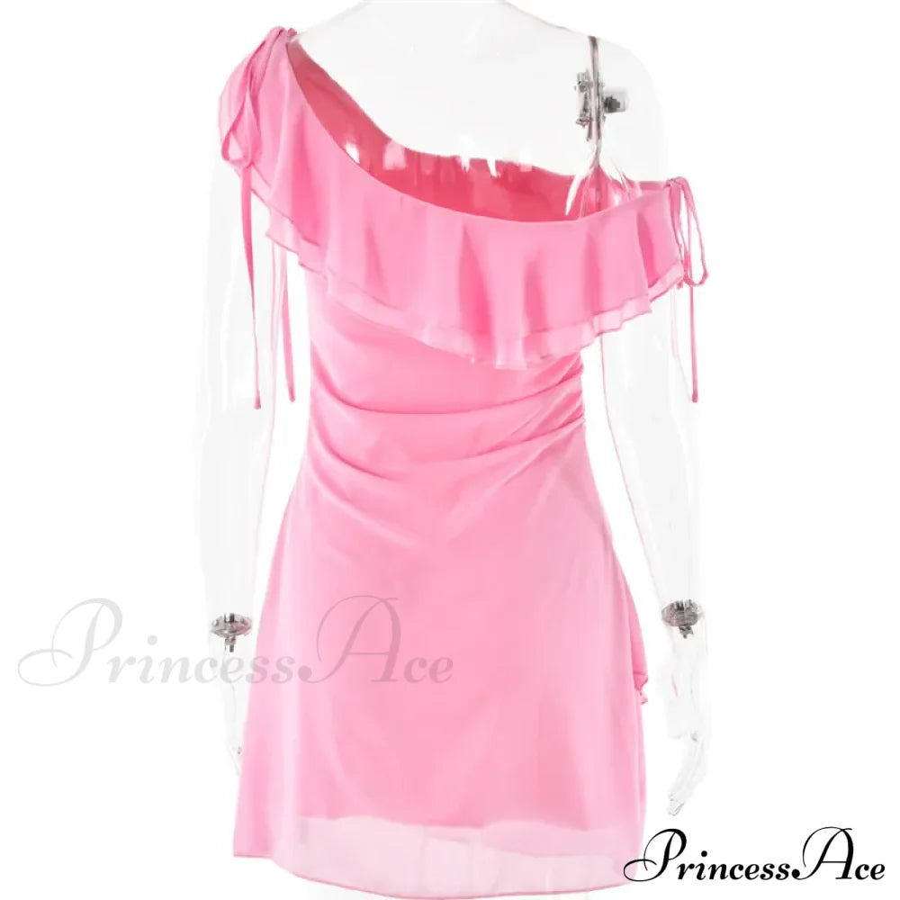 Pink Ruffled Stylish Shoulder Mini Dress image 8