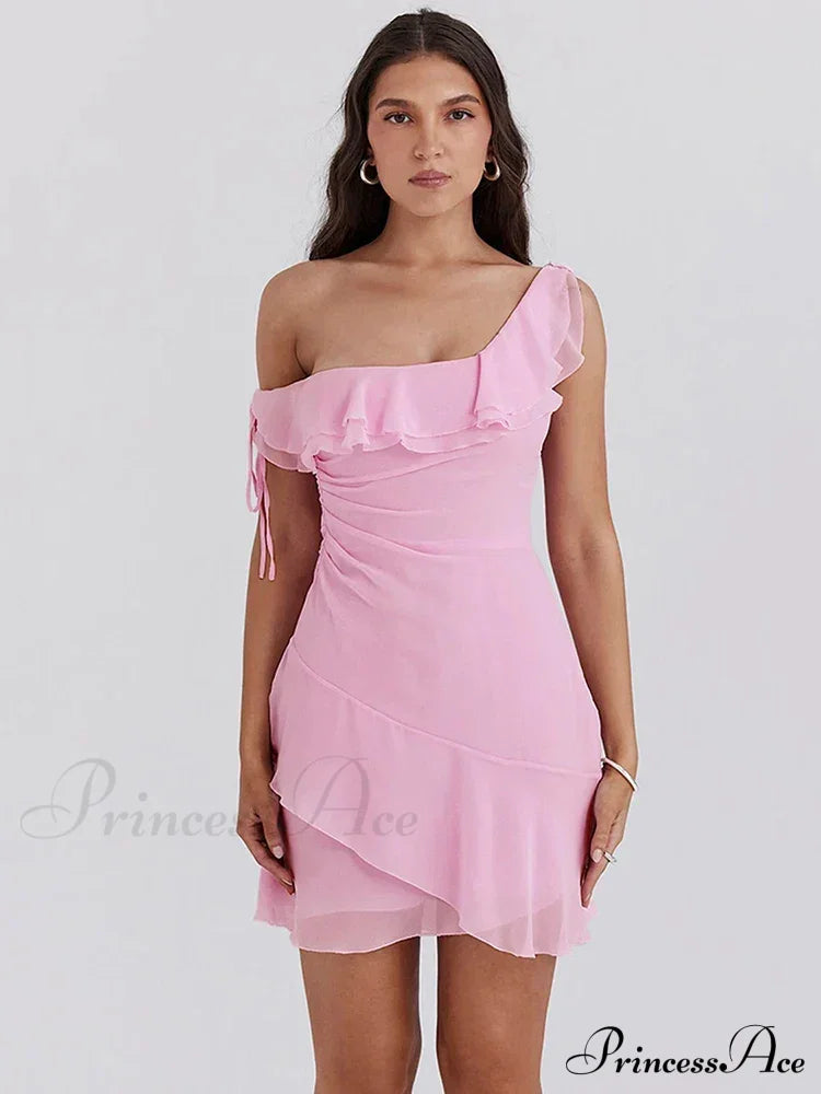Pink Ruffled Stylish Shoulder Mini Dress image 2