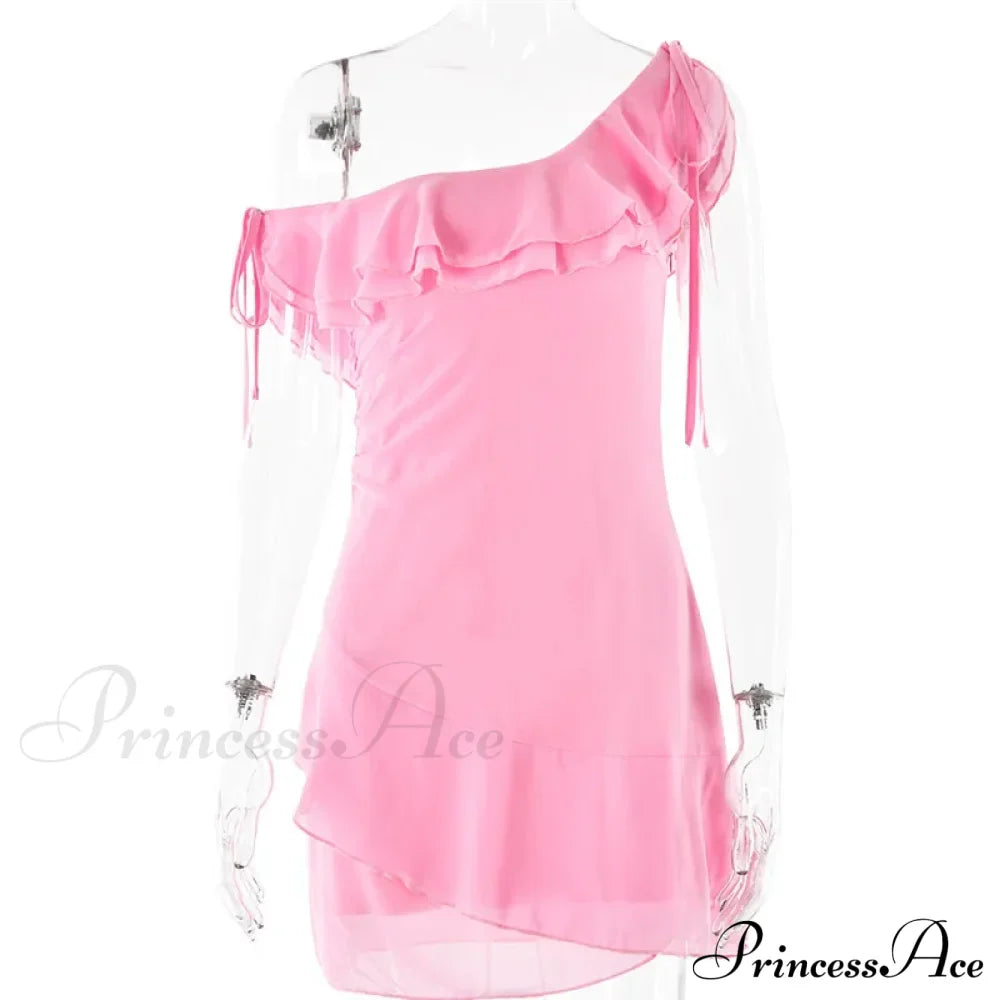 Pink Ruffled Stylish Shoulder Mini Dress image 7