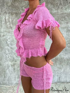 Pink Ruffles Sheer Charming Top And Shorts Set image 3