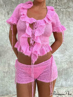 Pink Ruffles Sheer Charming Top And Shorts Set image 2