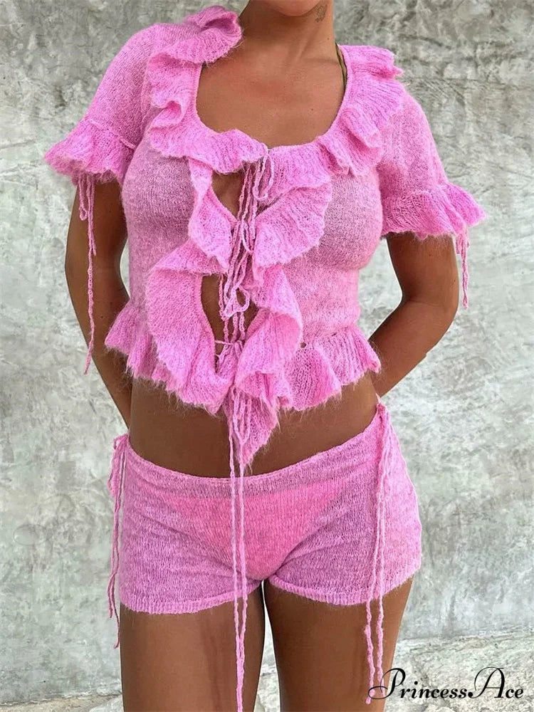 Pink Ruffles Sheer Charming Top And Shorts Set image 2