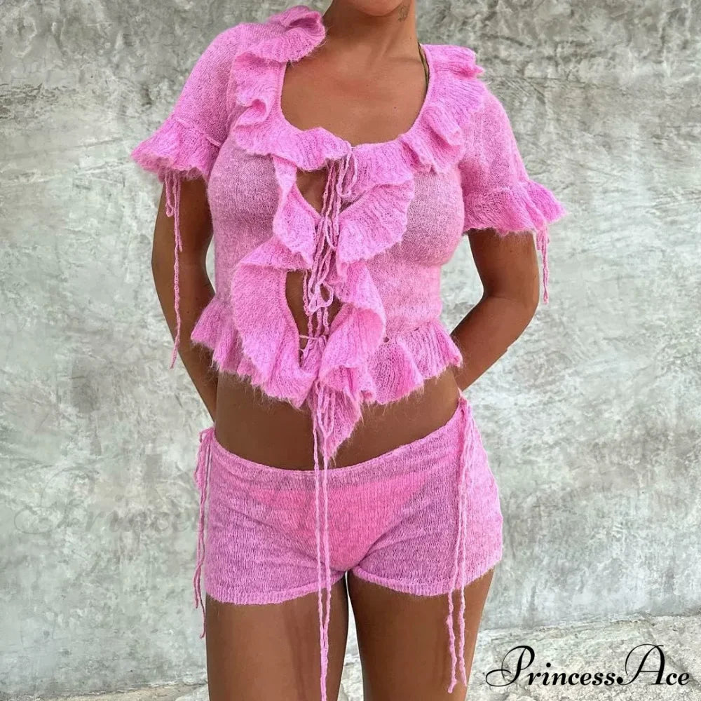 Pink Ruffles Sheer Charming Top And Shorts Set image 1