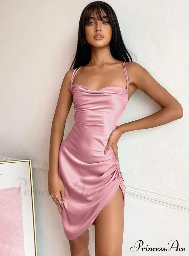 Pink Satin Bodycon Sling Slit Dress for Women image 1