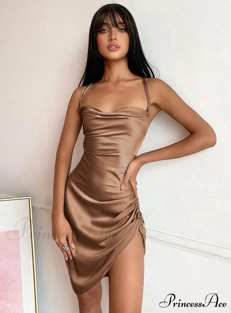 Pink Satin Bodycon Sling Slit Dress for Women image 7