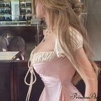 Pink Satin Ruched Charming Contrast Sleeve Dress image 12