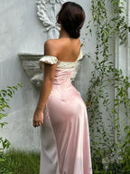 Pink Satin Ruched Charming Contrast Sleeve Dress image 4