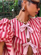 Pink Stripe Bow Lace Up Short Blouse image 5