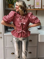 Pink Stripe Bow Lace Up Short Blouse image 6