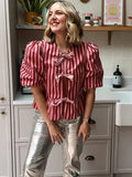 Pink Stripe Bow Lace Up Short Blouse image 7