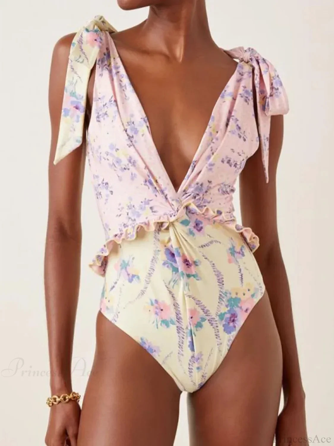 Pink Yellow Floral Lace One-Piece Swimsuit image 1