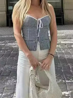 Plaid Backless Tie-up Front Split Tank Crop Top image 2