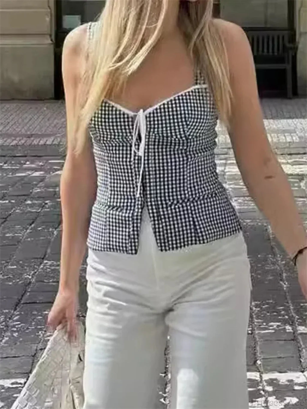 Plaid Backless Tie-up Front Split Tank Crop Top image 3