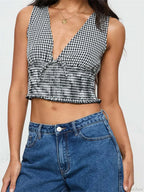 Plaid Bow Ruffle Hem Deep V-neck Crop Top image 4