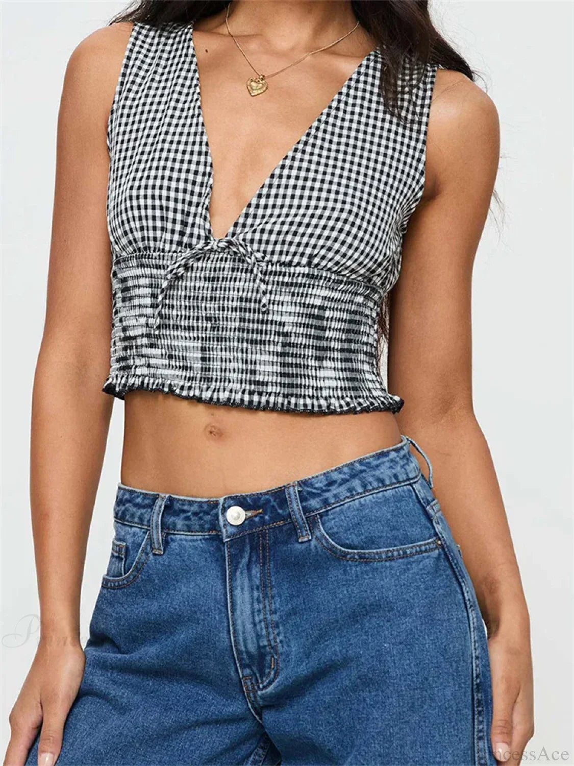 Plaid Bow Ruffle Hem Deep V-neck Crop Top image 4