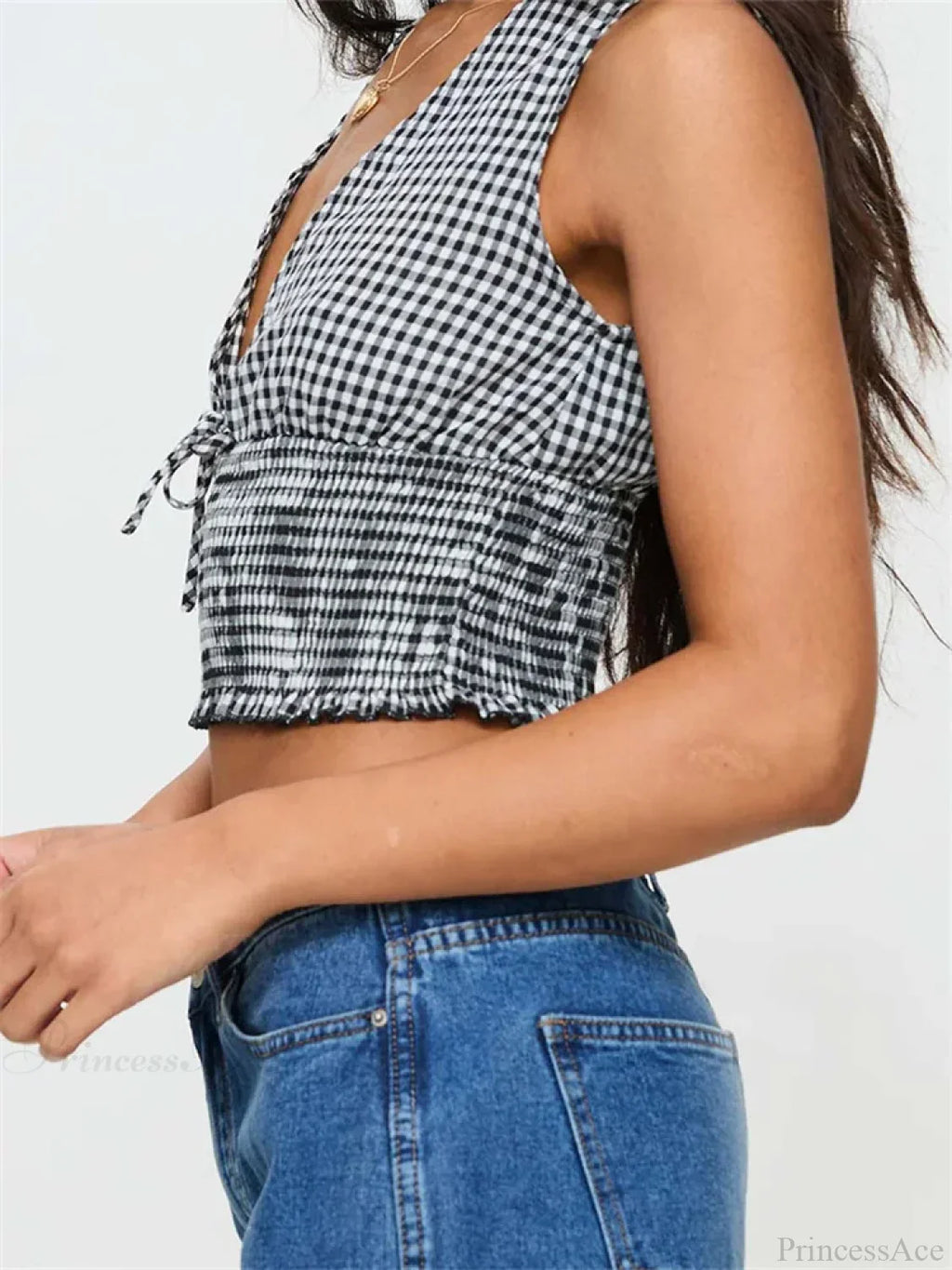 Plaid Bow Ruffle Hem Deep V-neck Crop Top image 5