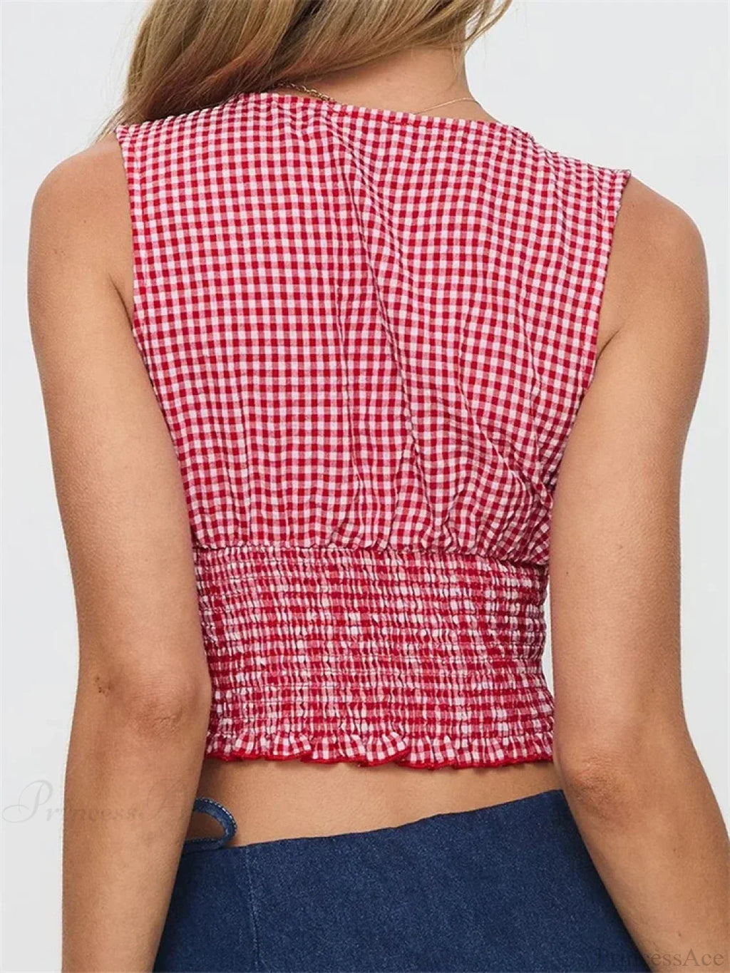 Plaid Bow Ruffle Hem Deep V-neck Crop Top image 3