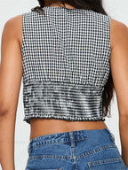 Plaid Bow Ruffle Hem Deep V-neck Crop Top image 6