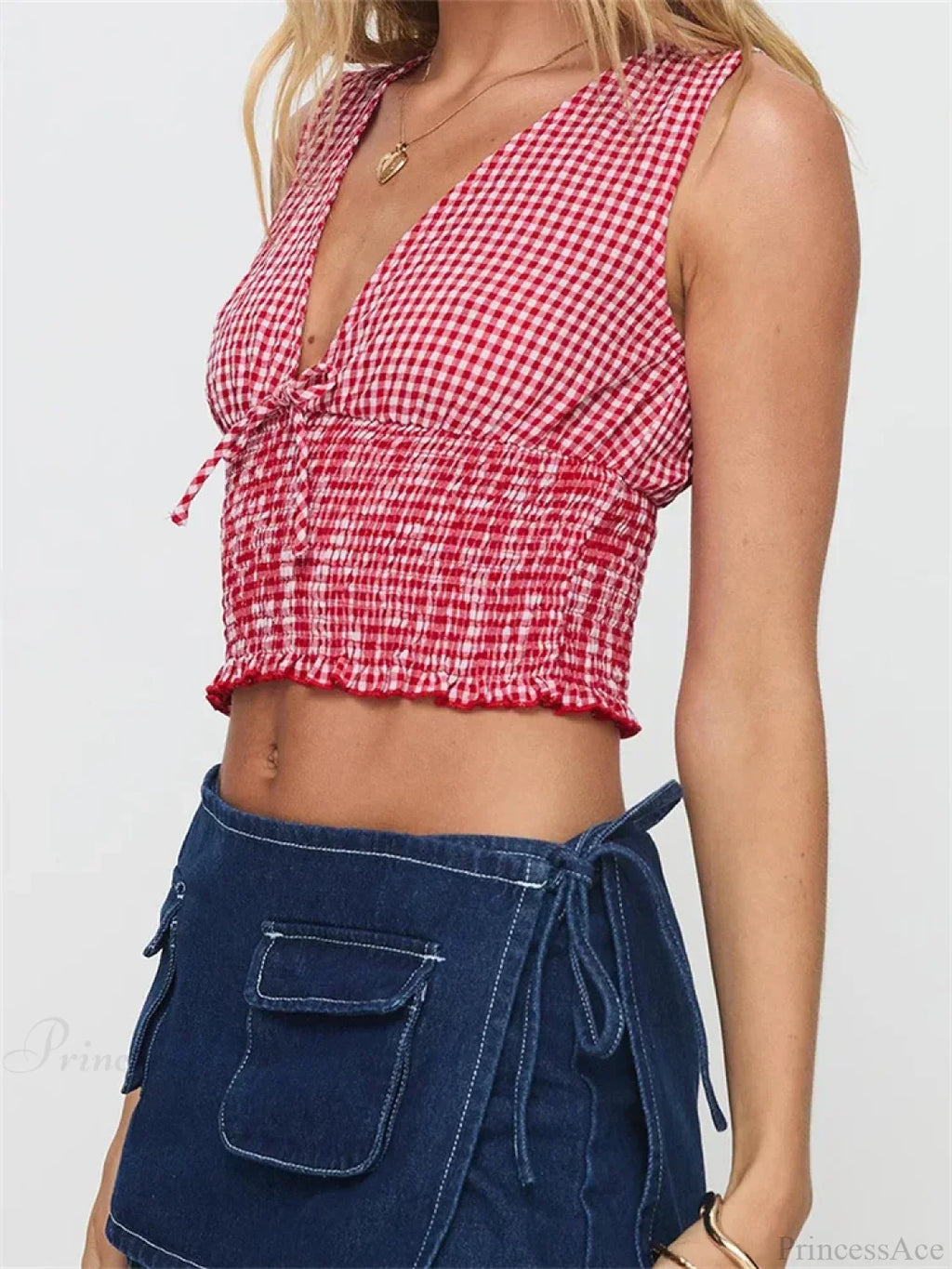 Plaid Bow Ruffle Hem Deep V-neck Crop Top image 2
