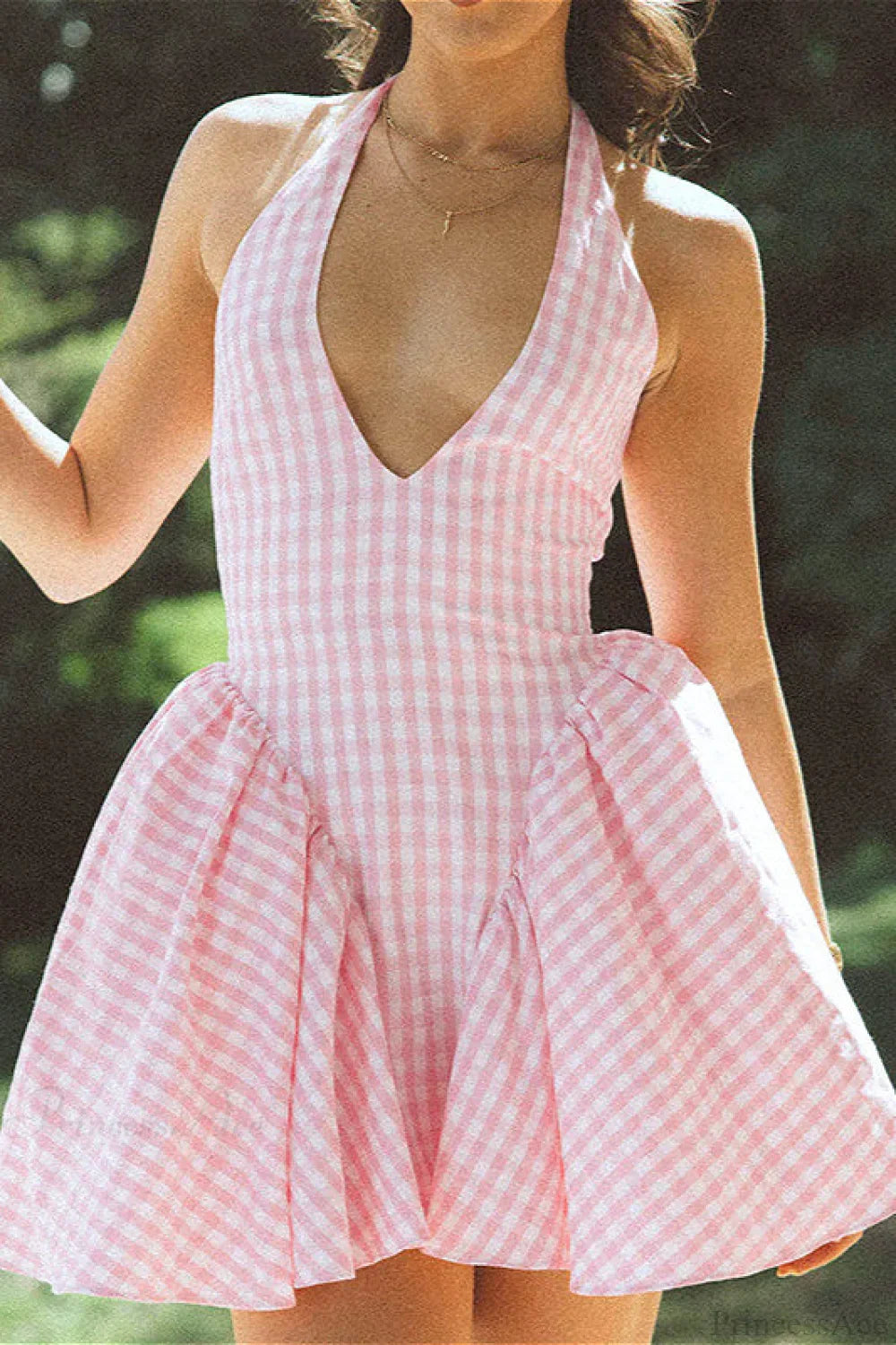 Plaid Color Block Halter Deep V Ruched Mini Dress image 1
