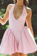 Plaid Color Block Halter Deep V Ruched Mini Dress image 1
