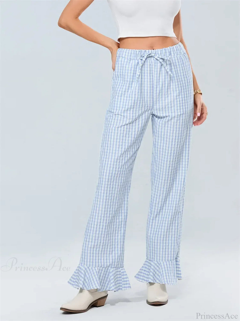 Plaid Flared Drawstring High Waist Casual Pant image 2
