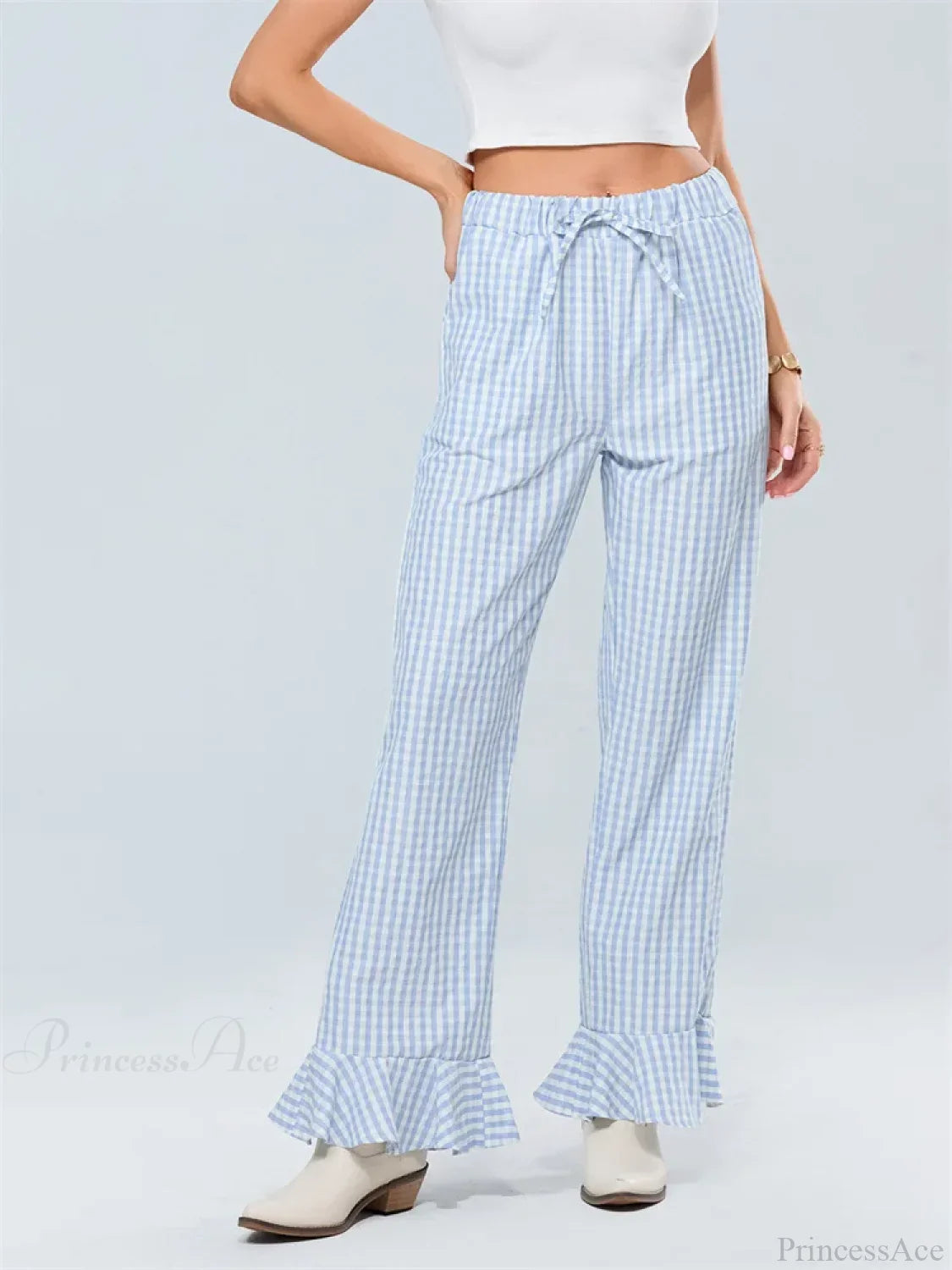 Plaid Flared Drawstring High Waist Casual Pant image 2