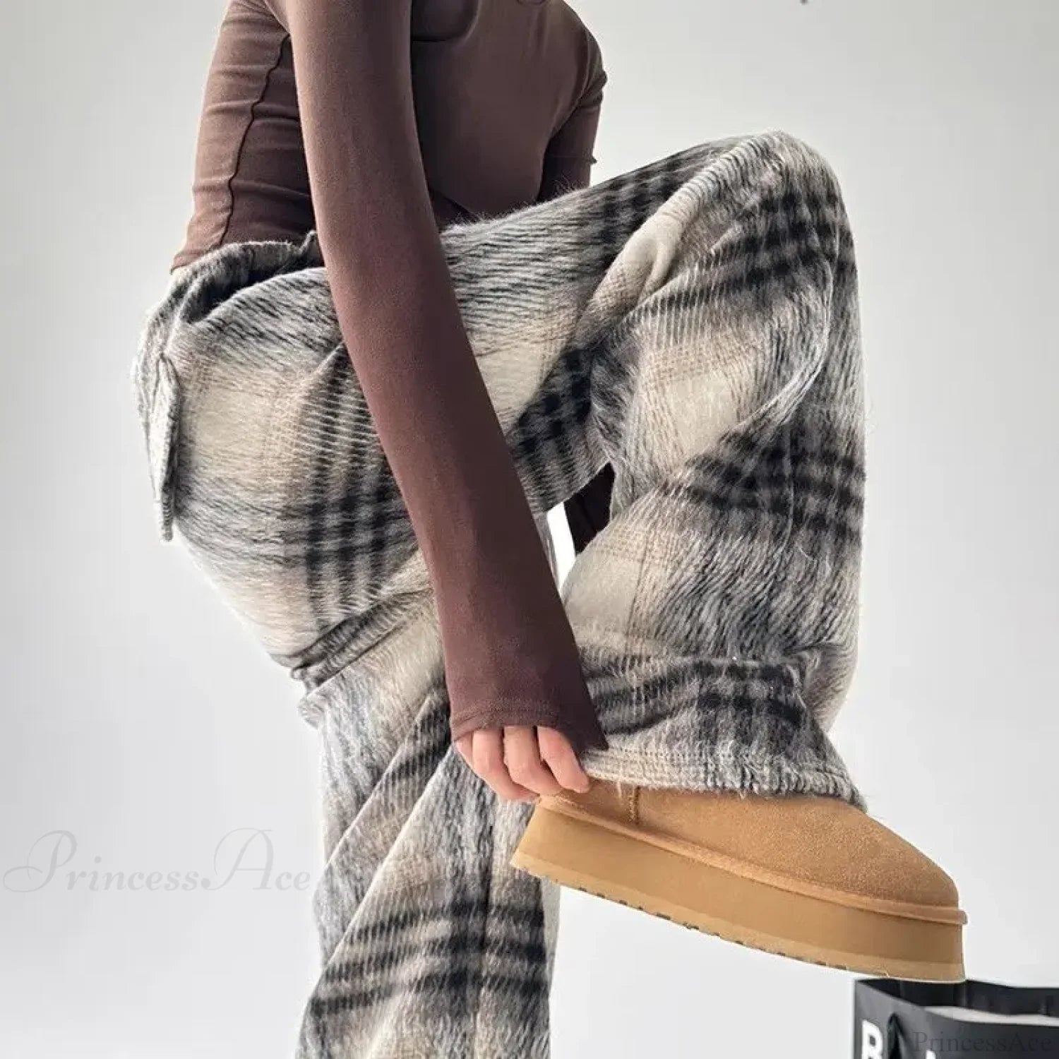 Plaid Fleece High Waist Casual Pants image 4