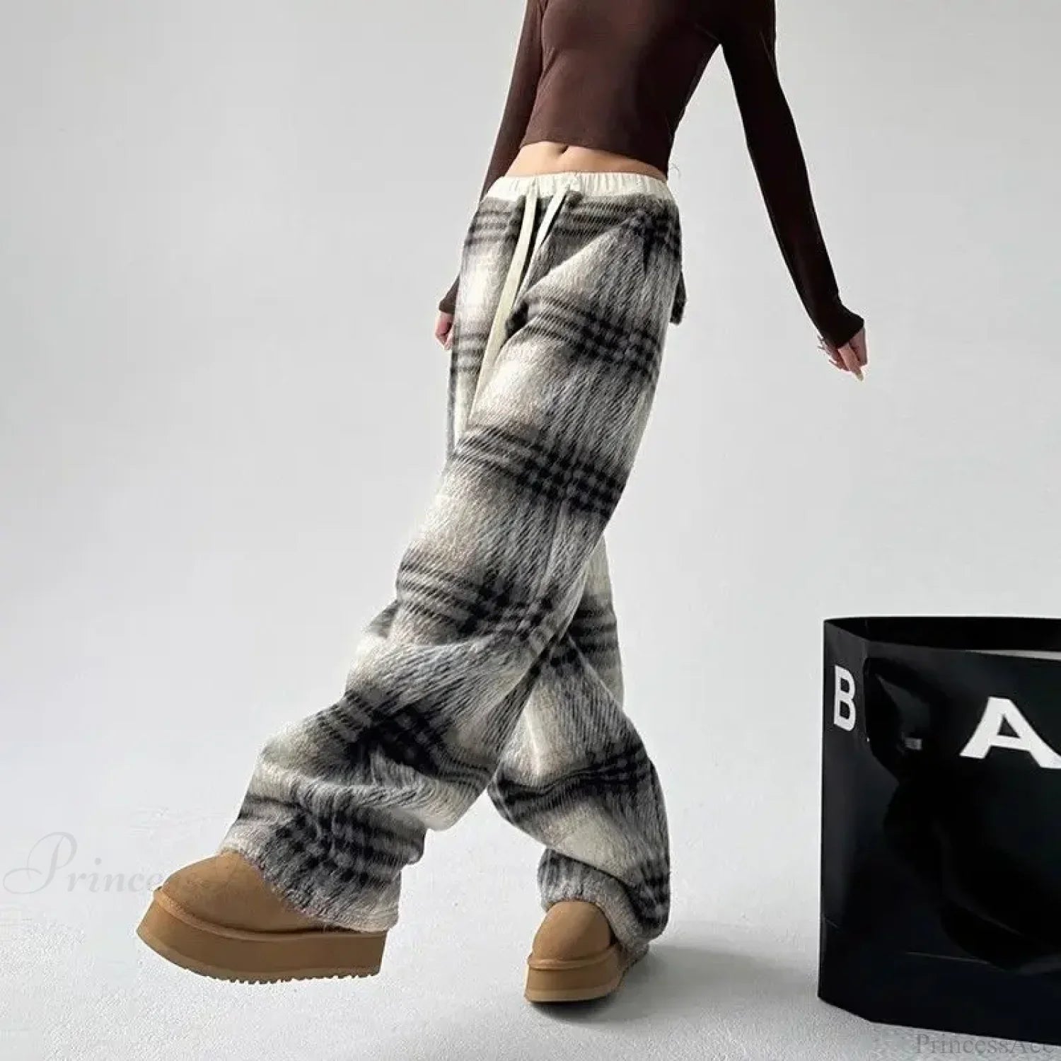 Plaid Fleece High Waist Casual Pants image 3