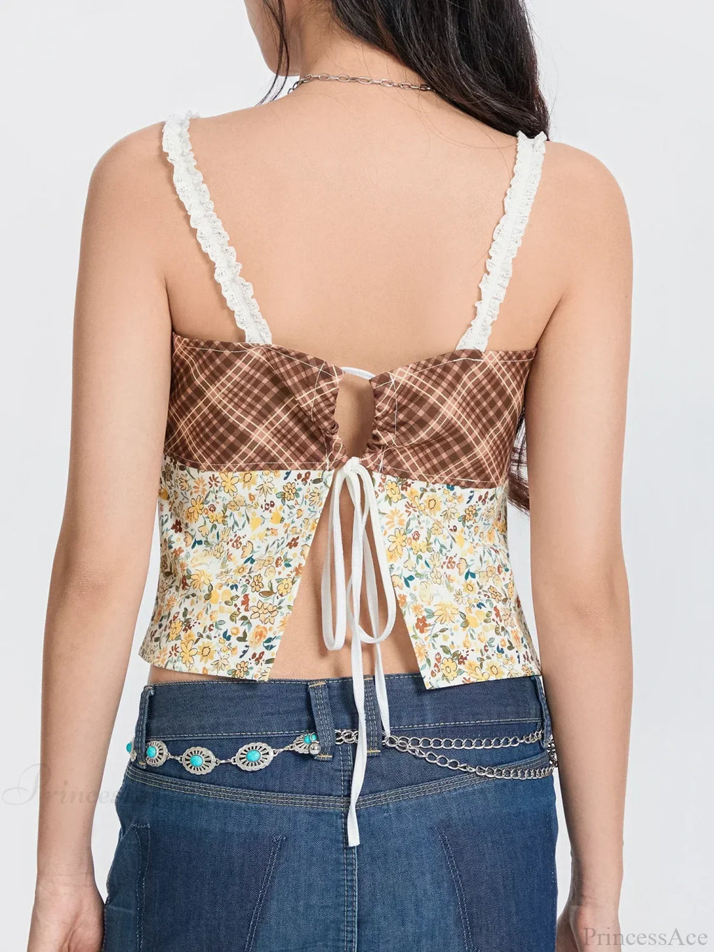 Plaid Floral Patchwork Bow Tie-up Backless Crop Top image 4