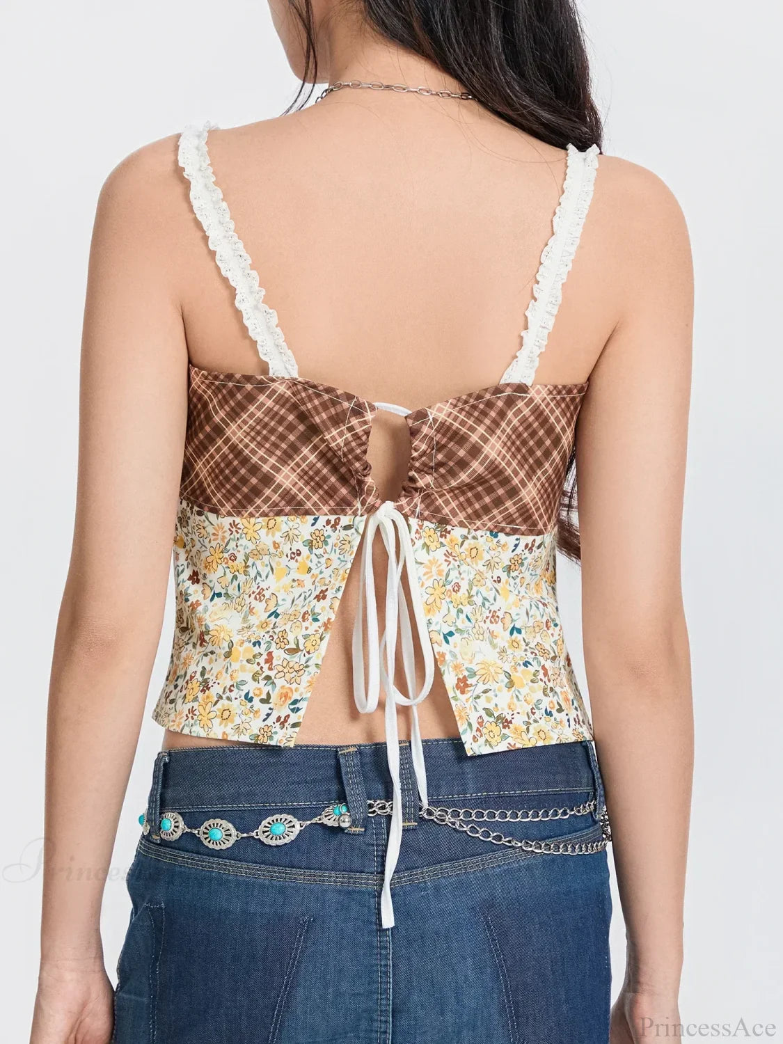 Plaid Floral Patchwork Bow Tie-up Backless Crop Top image 4
