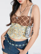 Plaid Floral Patchwork Bow Tie-up Backless Crop Top image 3