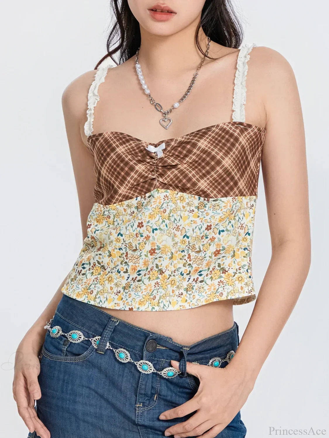Plaid Floral Patchwork Bow Tie-up Backless Crop Top image 2