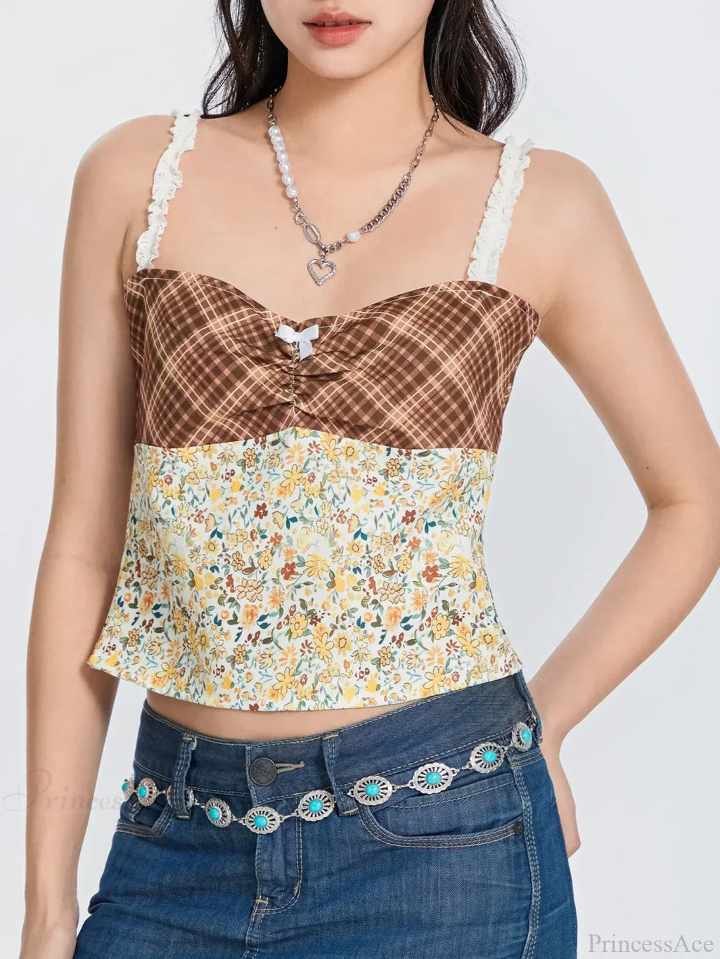 Plaid Floral Patchwork Bow Tie-up Backless Crop Top image 5
