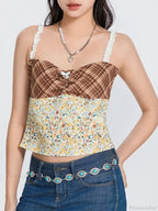 Plaid Floral Patchwork Bow Tie-up Backless Crop Top image 5