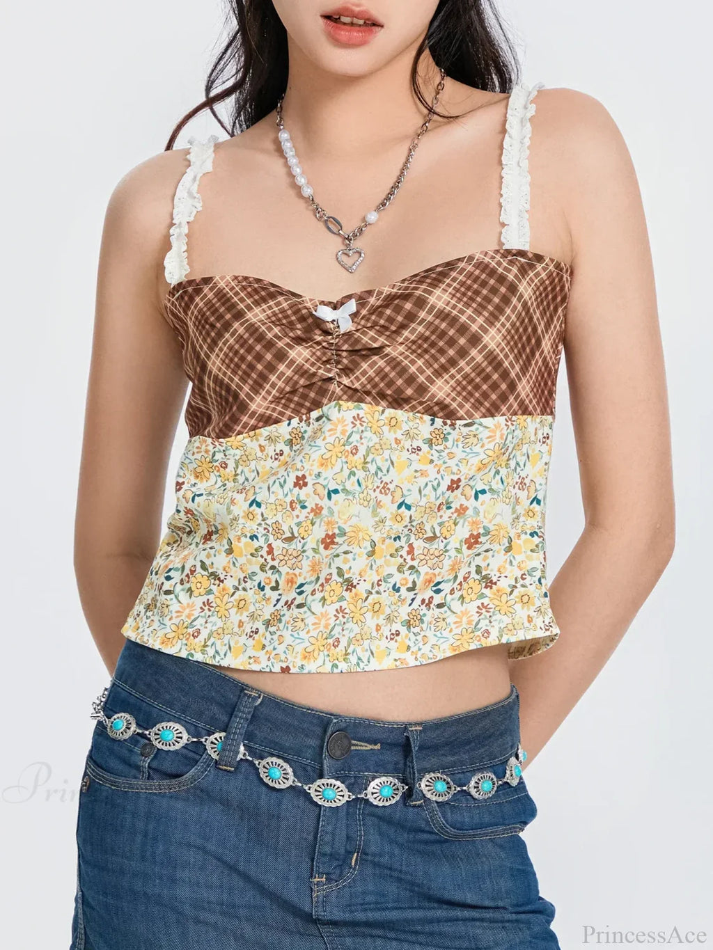 Plaid Floral Patchwork Bow Tie-up Backless Crop Top image 6
