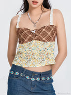 Plaid Floral Patchwork Bow Tie-up Backless Crop Top image 6