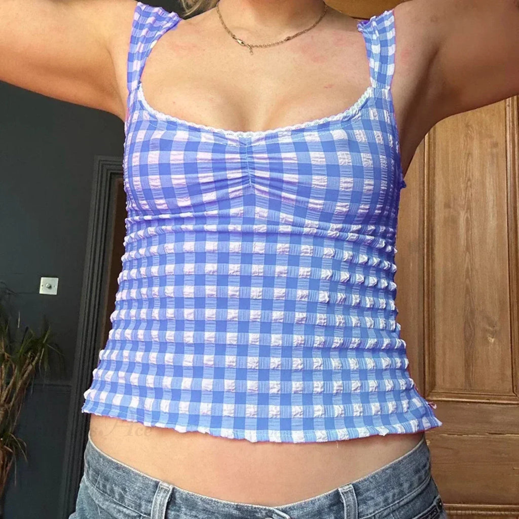 Plaid Gingham Lace Trim Square Collar Slim Fit Y2K Vintage Backless Crop Top image 7