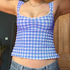 Plaid Gingham Lace Trim Square Collar Slim Fit Y2K Vintage Backless Crop Top image 7