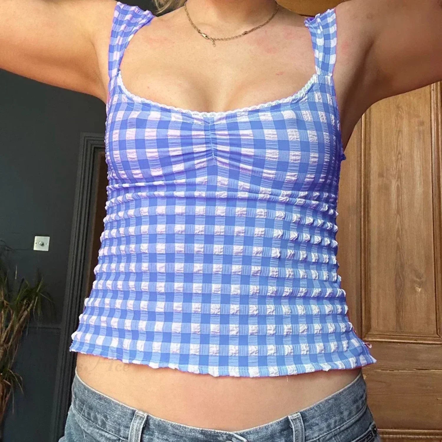 Plaid Gingham Lace Trim Square Collar Slim Fit Y2K Vintage Backless Crop Top image 7