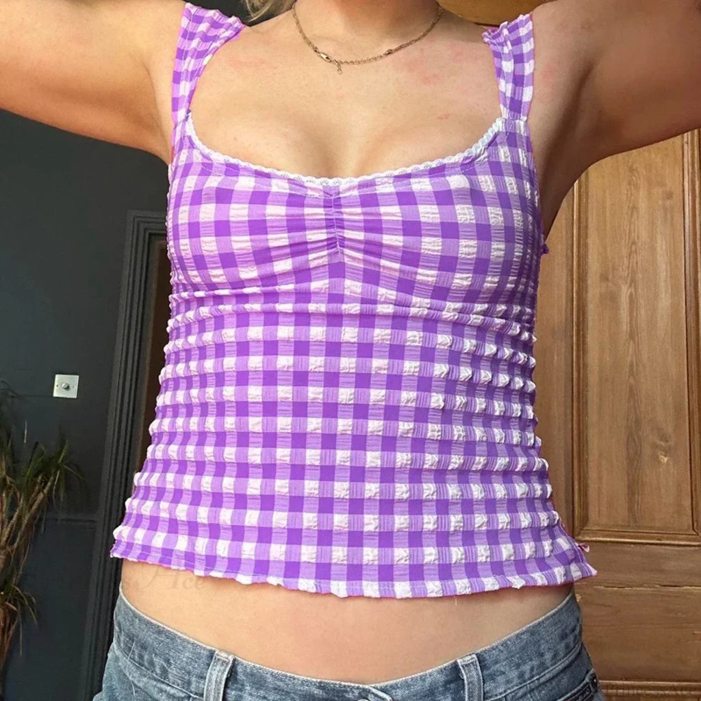 Plaid Gingham Lace Trim Square Collar Slim Fit Y2K Vintage Backless Crop Top image 4
